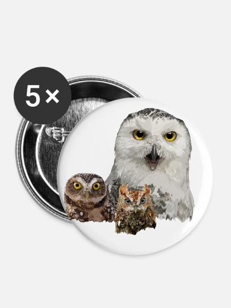 Eule, Eule und Eule - Buttons klein 25 mm (5er Pack) - Weiß