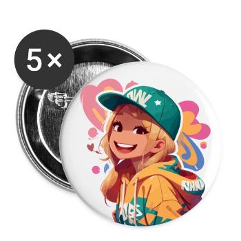 Amerikanisches Mädchen lächelt im Kapuzenpullover - Buttons klein 25 mm (5er Pack) - Weiß - Vorne
