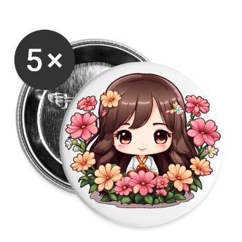 Une chibi en fleurs - Lot de 5 petits badges (25 mm) - blanc - Devant