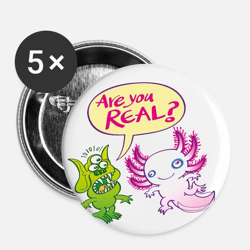 Alien surpris se demande si l'axolotl est réel - Lot de 5 petits badges (25 mm) - blanc
