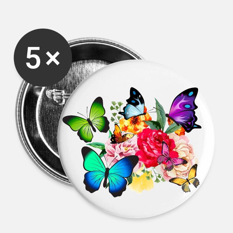 Papillons et fleurs - Lot de 5 petits badges (25 mm) - blanc