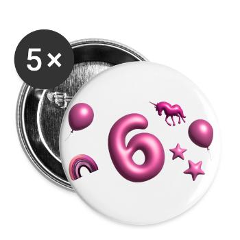 6 Jahre,Luftballon,Einhorn,3D, 3D Schrift - Buttons klein 25 mm (5er Pack) - Weiß - Vorne