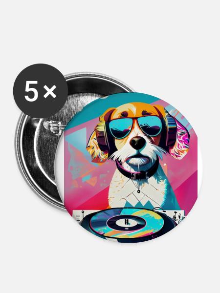 Cooler Hunde-DJ mit Sonnenbrille - Buttons klein 25 mm (5er Pack) - Weiß