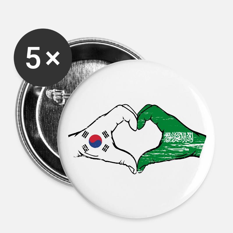 Corée du Sud Arabie Saoudite Drapeau Mains Coeur Forme Utilisé - Lot de 5 petits badges (25 mm) - blanc