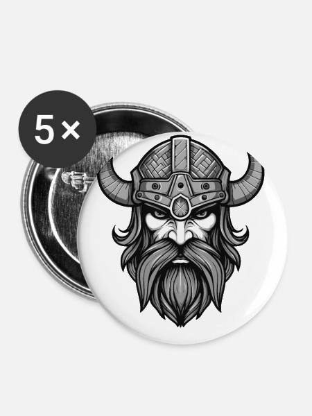 Wikinger Krieger Valhalla Kopf - Buttons klein 25 mm (5er Pack) - Weiß