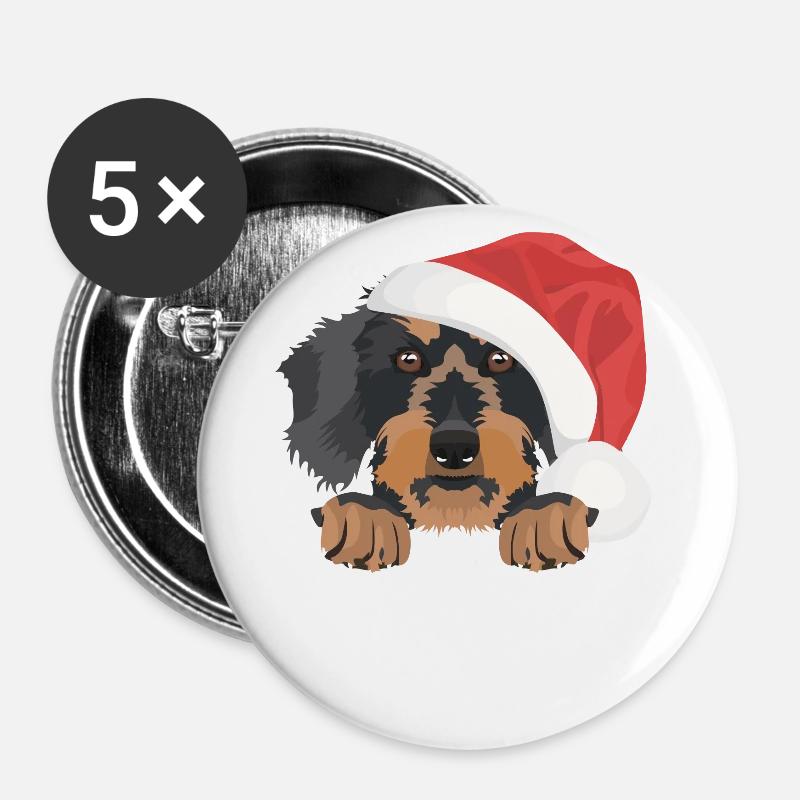 Teckel à poil dur Joyeux Noël - Lot de 5 petits badges (25 mm) - blanc