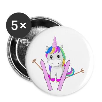 Licorne arc en ciel paillettes ski neige hiver - Lot de 5 petits badges (25 mm) - blanc - Devant