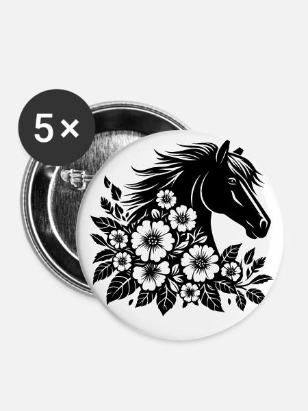 Pferdekopf mit Blumen - Buttons klein 25 mm (5er Pack) - Weiß