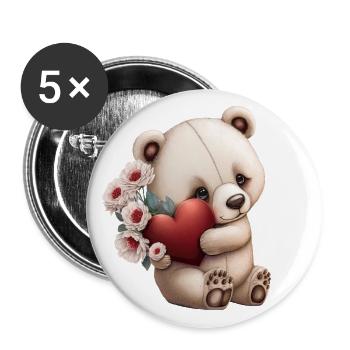 Cute bear with heart and flowers - Buttons small 1''/25 mm (5-pack) - white - Front