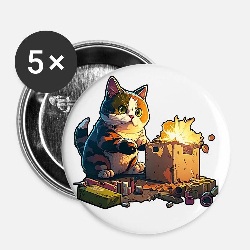 Chat pyromane - Lot de 5 petits badges (25 mm) - blanc