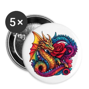 Drache mit Ros - Buttons klein 25 mm (5er Pack) - Weiß - Vorne