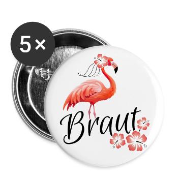 Braut Flamingo JGA Hochzeit Gruppenshirt 1 - Buttons klein 25 mm (5er Pack) - Weiß - Vorne