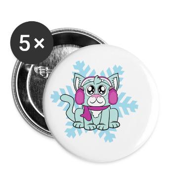 Katze Winter Ohrschützer Schneeflocke Frost Kalt - Buttons klein 25 mm (5er Pack) - Weiß - Vorne
