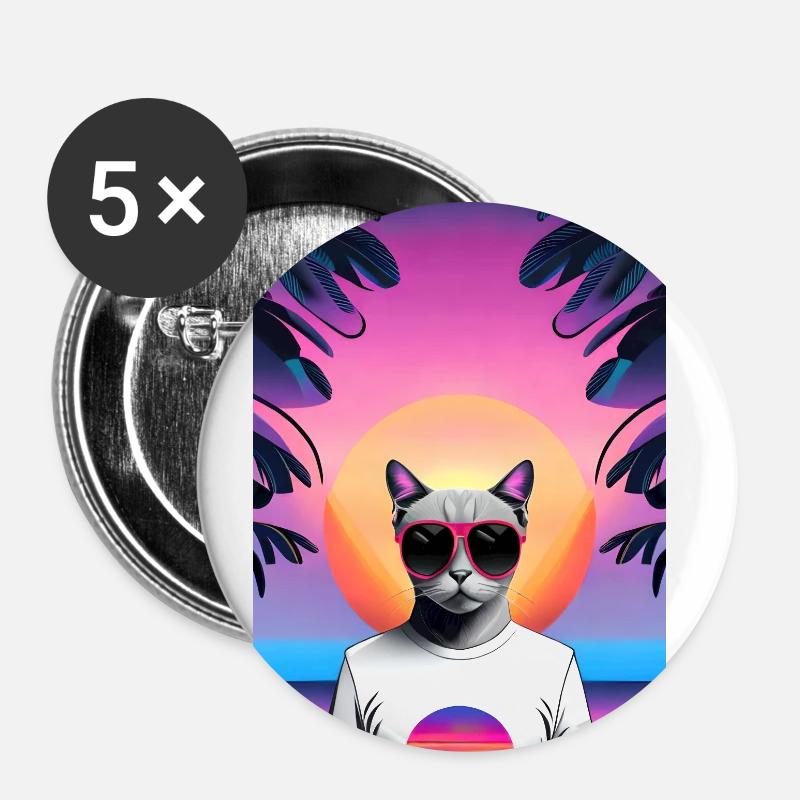 Synthwave Cat - Lot de 5 petits badges (25 mm) - blanc