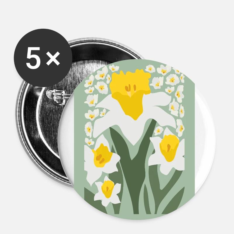 Retro-Narzissen - Buttons klein 25 mm (5er Pack) - Weiß