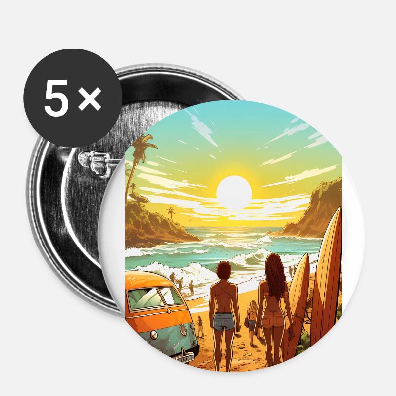 Strandszene mit Surfbrett - Buttons klein 25 mm (5er Pack) - Weiß