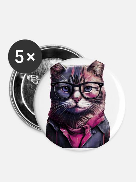 Hipster-Katze Willow - Buttons klein 25 mm (5er Pack) - Weiß
