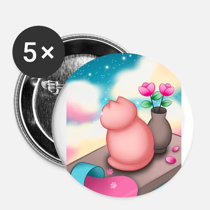 Katze und Sterne - Buttons klein 25 mm (5er Pack) - Weiß