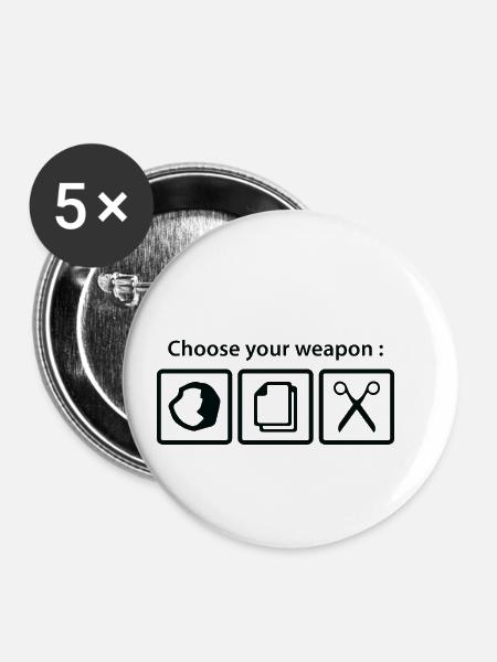 Wähle deine Waffe - Buttons klein 25 mm (5er Pack) - Weiß