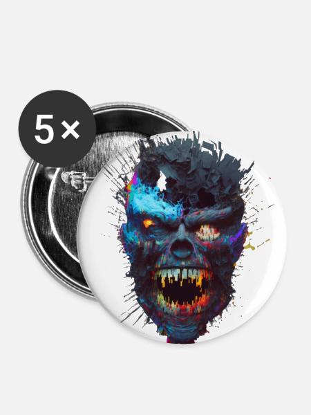 Glitch Monster Schädel - Buttons klein 25 mm (5er Pack) - Weiß