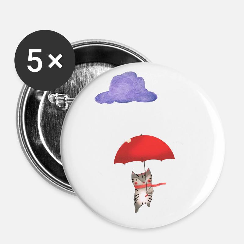 Katze mit Regenschirm - Buttons klein 25 mm (5er Pack) - Weiß
