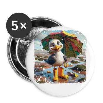 Cheerful seagull with rubber boots and umbrella - Buttons small 1''/25 mm (5-pack) - white - Front
