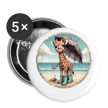 Giraffe on the beach in rubber boots with umbrella - Buttons small 1''/25 mm (5-pack) - white - Front