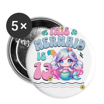 Mermaid 13th Birthday Girl Kids - Buttons small 1''/25 mm (5-pack) - white - Front