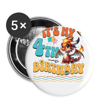 Dragon 4th Birthday Dragon - Buttons small 1''/25 mm (5-pack) - white - Front