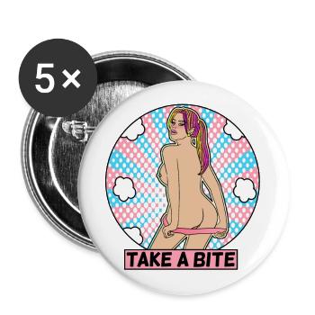 EROTIC SEXY GIRL TAKE A BITE - Buttons klein 25 mm (5er Pack) - Weiß - Vorne