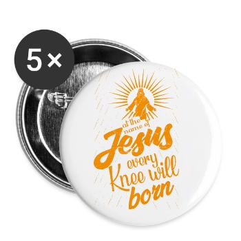 Par le nom de Jésus, tous les genoux se plieront - Lot de 5 petits badges (25 mm) - blanc - Devant