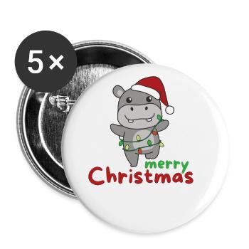 Hippo Merry Christmas Winter Animals Hippos - Buttons small 1''/25 mm (5-pack) - white - Front