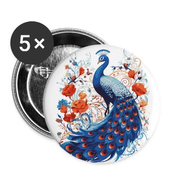 Colorful Peacock - Folk Art - Buttons small 1''/25 mm (5-pack) - white - Front