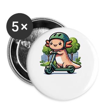 Axolotl se déplace en scooter électrique autour du scooter de ville - Lot de 5 petits badges (25 mm) - blanc - Devant
