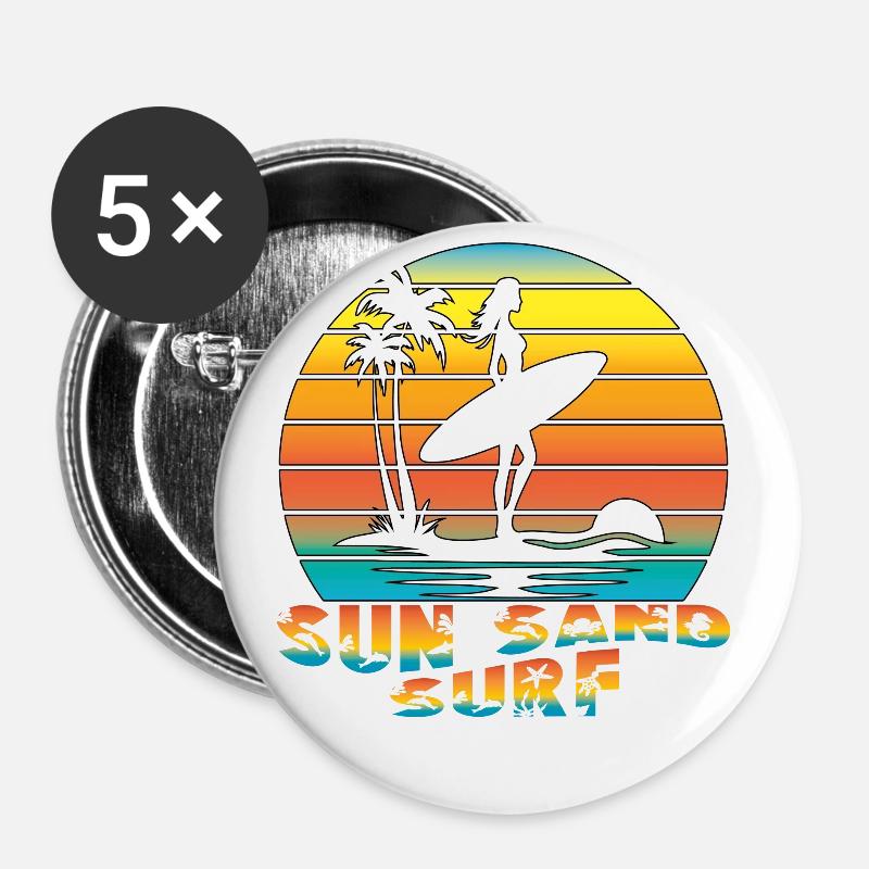 SUN SAND SURF. Sommer, Strand, Meer, Palmen, Cool, - Buttons klein 25 mm (5er Pack) - Weiß