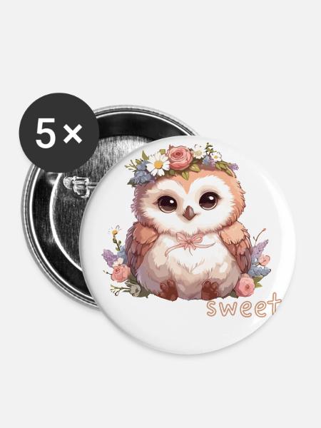 Süße Eule mit Blumen - Buttons klein 25 mm (5er Pack) - Weiß