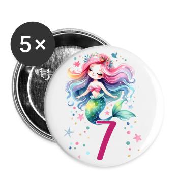 Geburtstag 7 Meerjungfrau Mädchen Sieben 7 Jahre a - Buttons klein 25 mm (5er Pack) - Weiß - Vorne