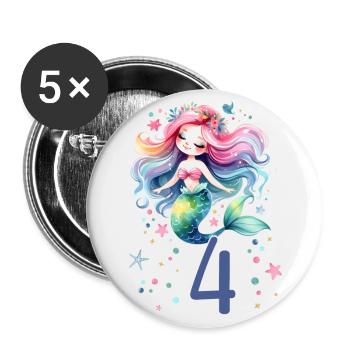 Geburtstag 4 Meerjungfrau Mädchen Vier 4 Jahre alt - Buttons klein 25 mm (5er Pack) - Weiß - Vorne