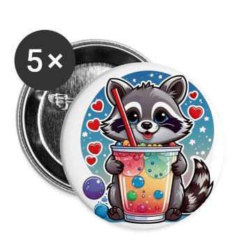 kleiner süßer Waschbär mit Limonade und Strohhalm - Buttons klein 25 mm (5er Pack) - Weiß - Vorne