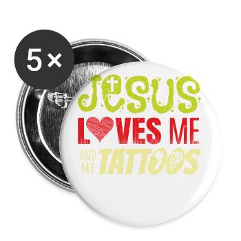 Jesus liebt mich und meine Tattoos - Buttons klein 25 mm (5er Pack) - Weiß - Vorne