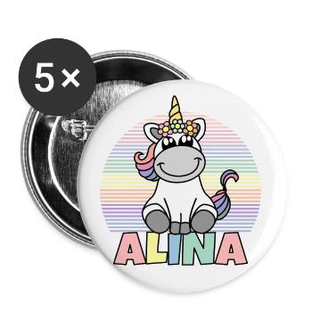 Alina Name Niedliches Einhorn Regenbogen Vorname - Buttons klein 25 mm (5er Pack) - Weiß - Vorne