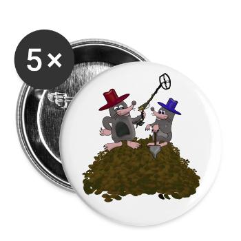 Deux taupes avec détecteur et bêche - Lot de 5 petits badges (25 mm) - blanc - Devant