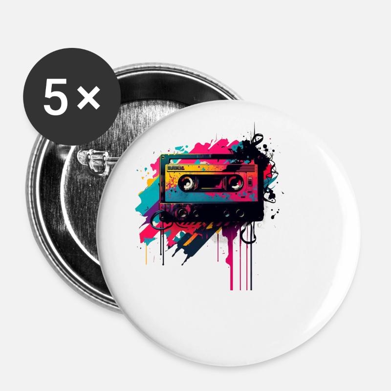 Retro Mixtape - Buttons klein 25 mm (5er Pack) - Weiß