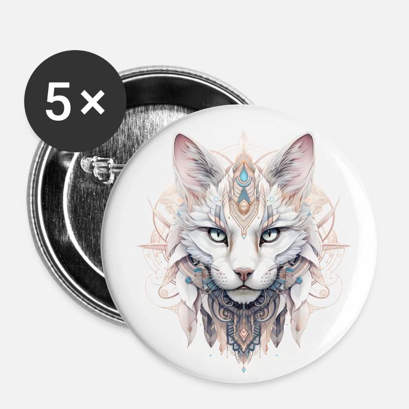 Boho Katze - Buttons klein 25 mm (5er Pack) - Weiß