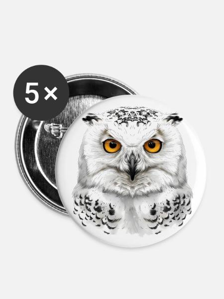 Schneeeulen-Kopf - Buttons klein 25 mm (5er Pack) - Weiß