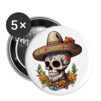 Iconique Sugar Skull Mexico Streetwear - Lot de 5 petits badges (25 mm) - blanc - Devant
