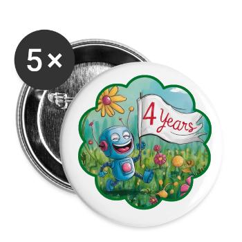 4 Jahre, 4. Geburtstag Roboter auf Blumenwiese - Buttons klein 25 mm (5er Pack) - Weiß - Vorne