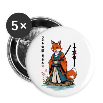 Kitsune Samurai Fuchs Vintage Ukiyo-e Stil - Buttons klein 25 mm (5er Pack) - Weiß - Vorne