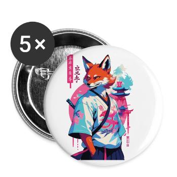Kitsune Samurai Fox Esthétique Style Vaporwave - Lot de 5 petits badges (25 mm) - blanc - Devant