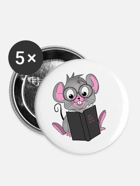 Leseratte, Buch, Maus - Buttons klein 25 mm (5er Pack) - Weiß